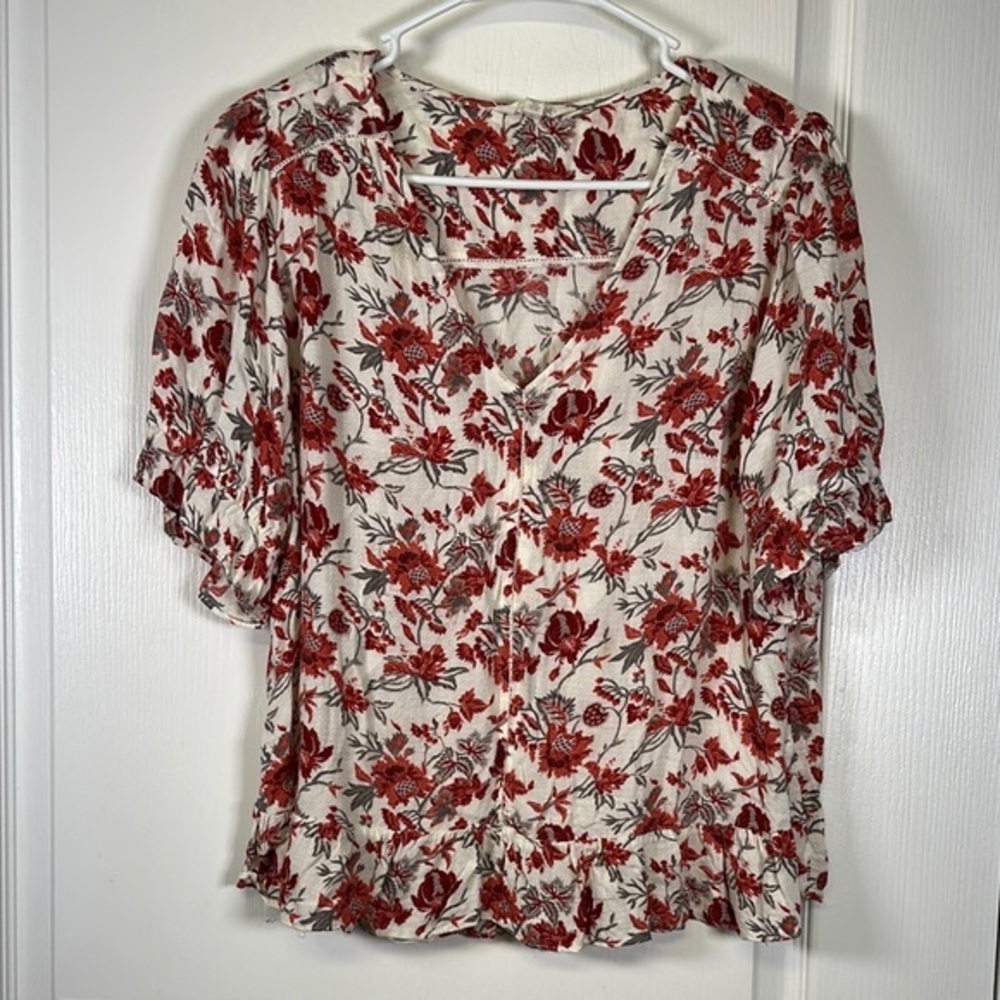 Lucky Brand Cream Floral Button-Front Blouse with Red Flowers
